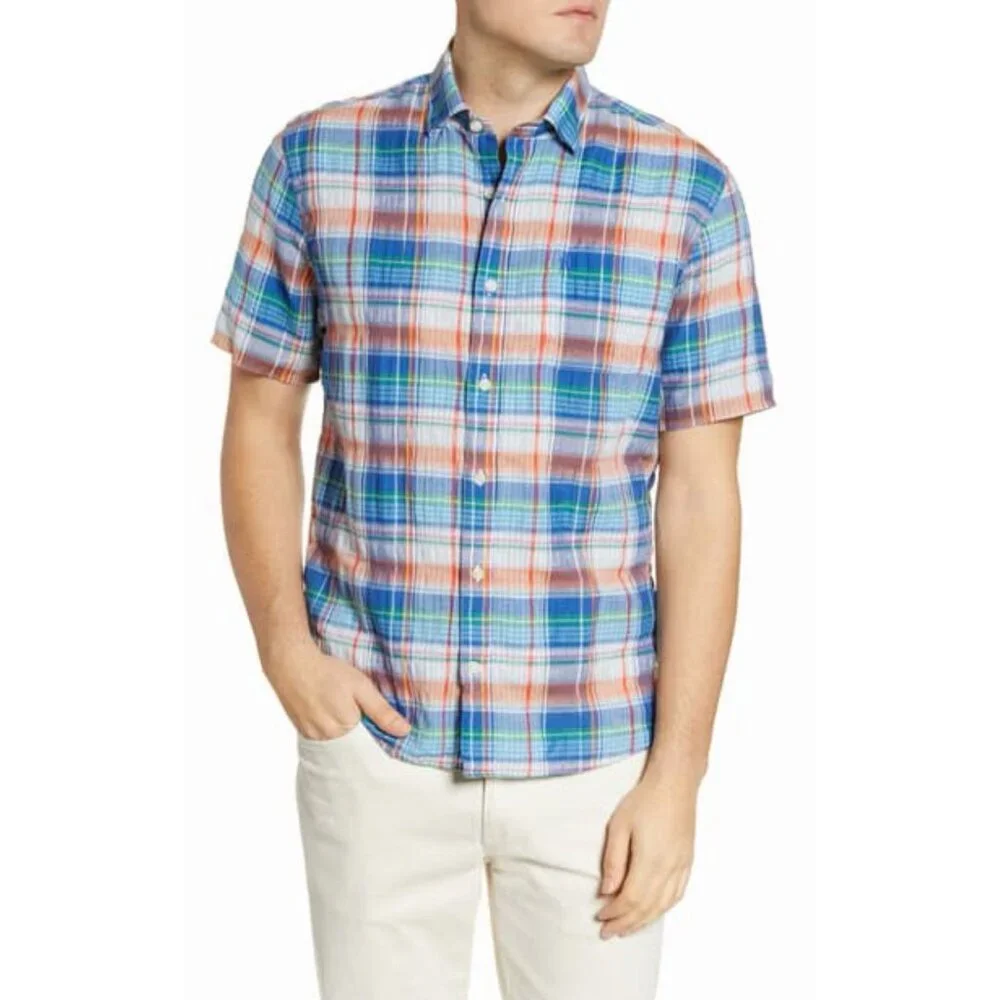 Johnnie-O Hangin`Out $135 Troy Tide Linen Blend Short Sleeve Shirt size M - Picture 1 of 6